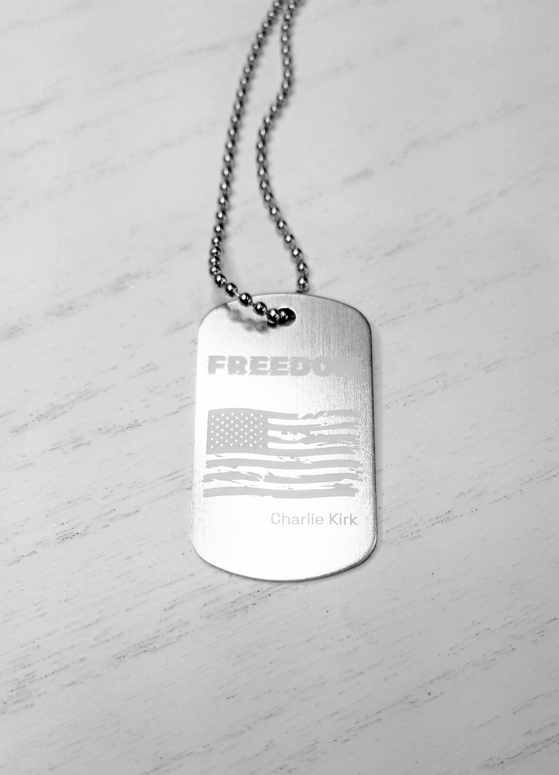 Freedom necklace in memory of Charlie Kirk, American flag Military tag in silver, Justice for Charlie kirk keepsake, USA republican patriot