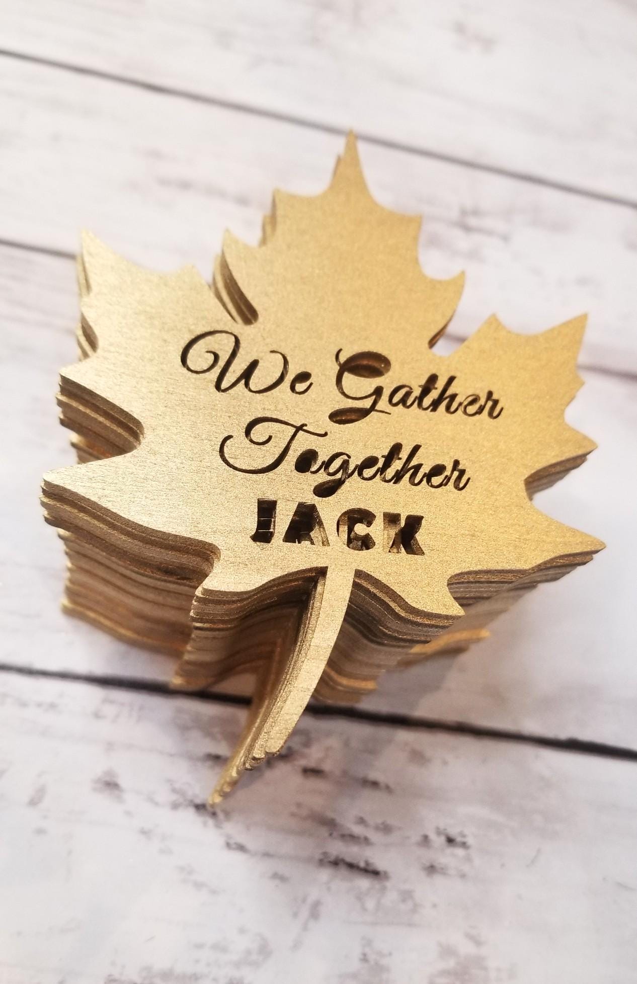 We Gather Together place card, Thanksgiving Decor Name Tags, Custom Fall Place Tag, Personalized wood Leaf tag, Friendsgiving Dinner table.