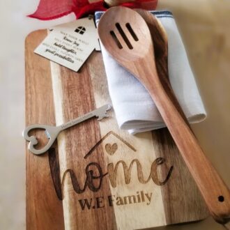 Personalized engraved cutting board gift basket, Custom realtor logo w home blessing, housewarming gift, real estate closing gift for client