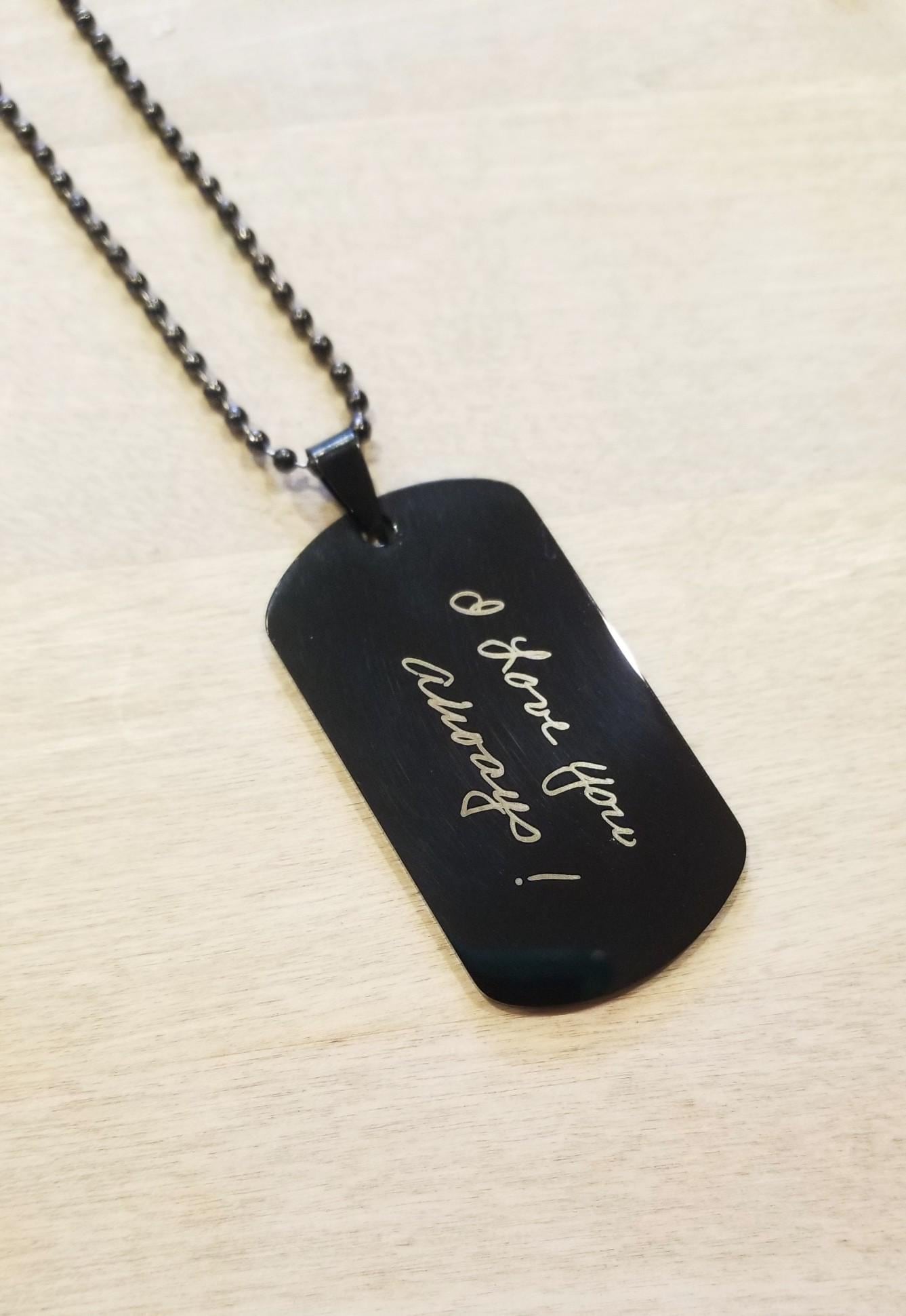 Father’s Day Gift for Him, Actual Handwriting Black Military Tag Necklace, Custom Engraved Pendant for Dad, Personalized Men’s Jewelry