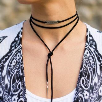 Black leather lariat necklace with personalized bar and silver spikes, Sued Y drop tie necklace, custom wrap choker / cuff bracelet / anklet