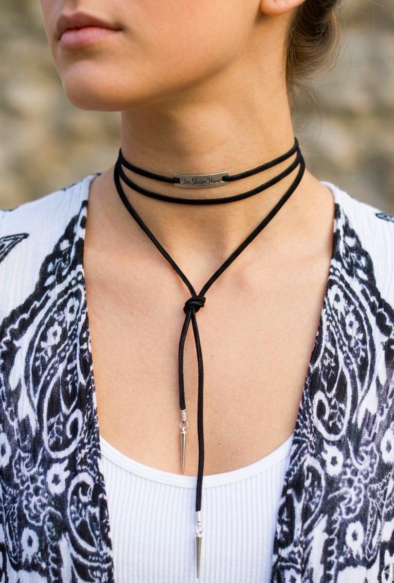 Black leather lariat necklace with personalized bar and silver spikes, Sued Y drop tie necklace, custom wrap choker / cuff bracelet / anklet