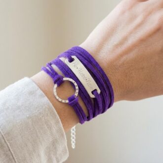 Personalized Purple Leather Wrap Bracelet, Engraved Bar, Inspirational Jewelry