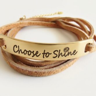 Custom Engraved Brass Bar Leather Wrap Bracelet, Inspirational Quote Jewelry
