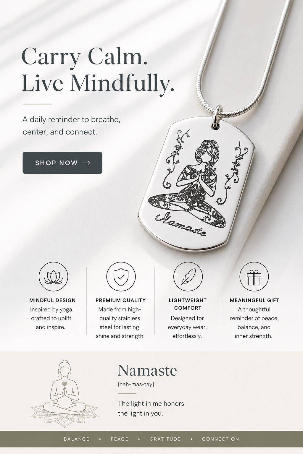 Engraved Namaste Yoga Necklace, Stainless Steel Mindfulness Pendant