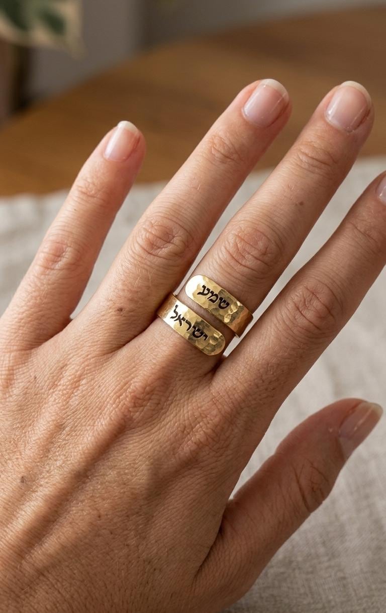 Shema Yisrael Ring, Hammered Gold Hebrew Ring, Jewish Religious Jewelry Gift for Her, Adjustable Judaica jewelry