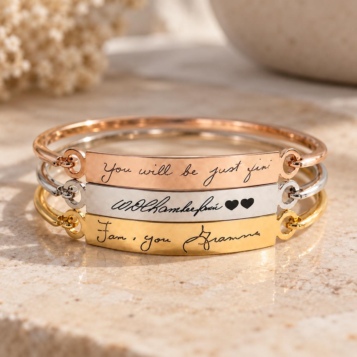 Hand writing bracelet, Custom handwritten bangle, Personalized signature cuff, Keepsake Gift, silver, rose gold, gold bangle.