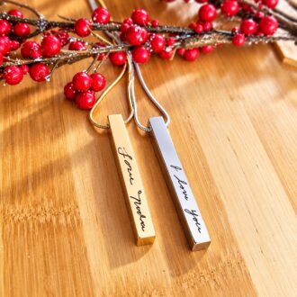 Vertical Custom handwriting necklace, 4 side engraved bar necklace, actual handwritten pendant, cuboid pendant, signature necklace.