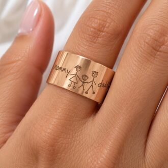 Custom handwriting tube ring, engraved rose gold ring band, child drawing ring, Signature ring, memorial  keepsake gift, personalized ring