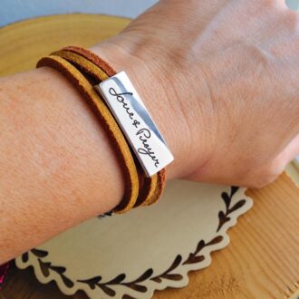 Custom handwriting Leather bracelet, Personalized message wrap bracelet, actual handwriting bar bracelet, engraved Signature brown leather.