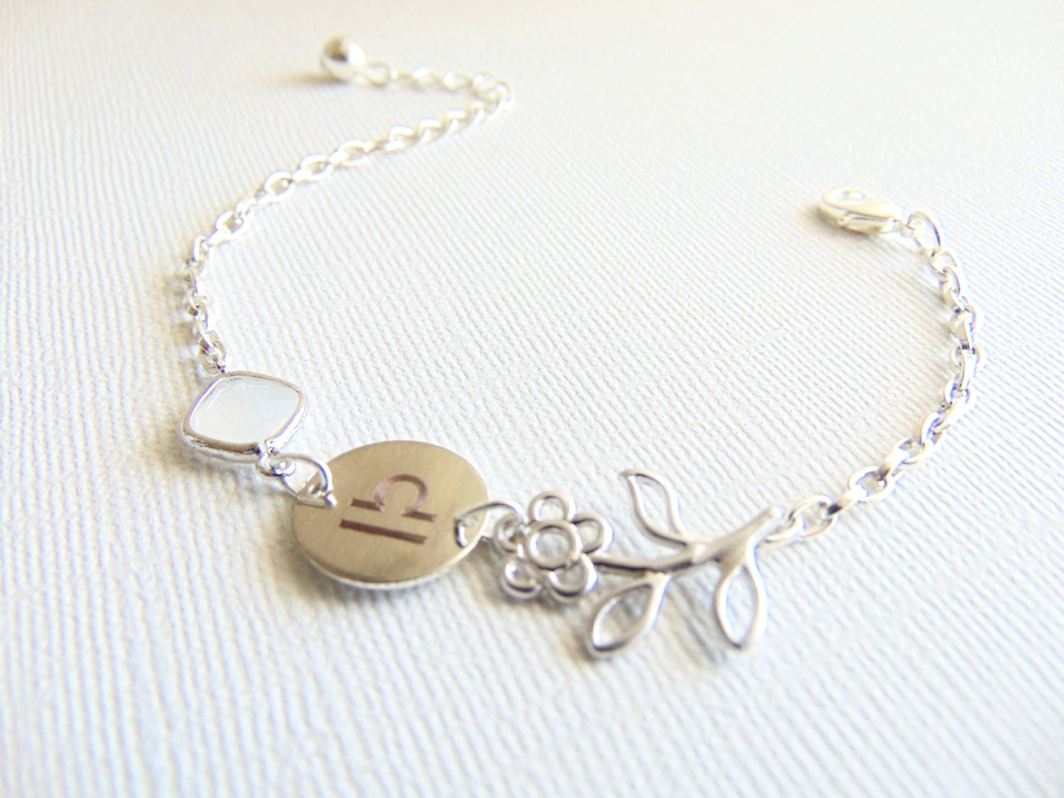 Zodiac bracelet, White Opal April birthstone charm bracelet, personalized horoscope bracelet, Zodiac jewelry, Custom Birthday gift, Libra