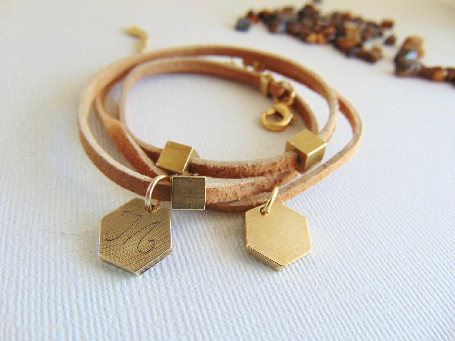 Multi strand leather bracelet, Brown suede wrap bracelet, custom gold initial charm bracelet, engraved jewelry, Hand stamped bracelet