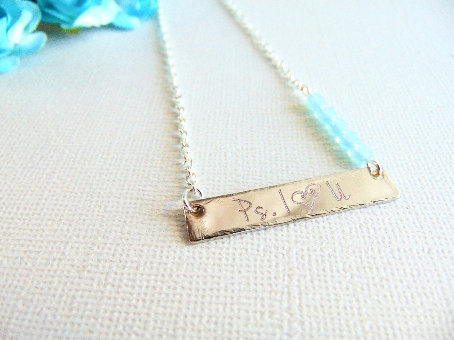 Silver bar necklace, custom name plate necklace with Aquamarine glass beads, personalized hand stamped I Love You necklace, Opal jewelry