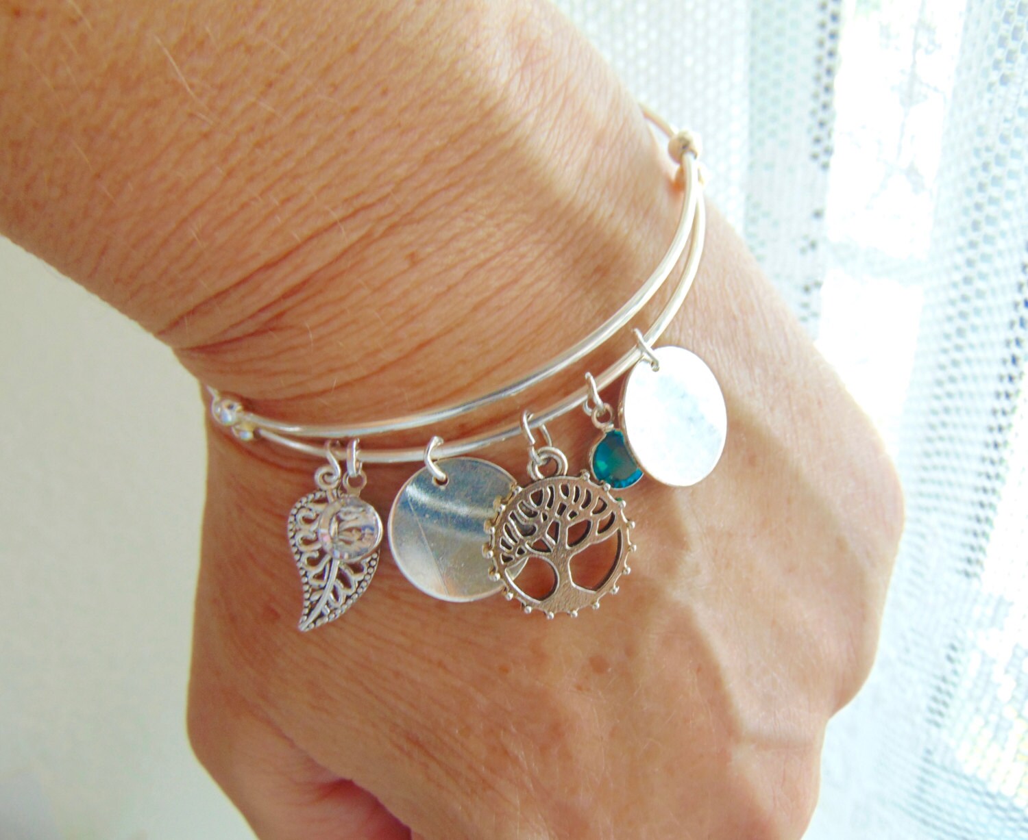 Personalized Silver bangle, Tree of life bracelet, Leaf charm, birthstone jewelry, Customized mother Gift, Family tree, Mom and child gift