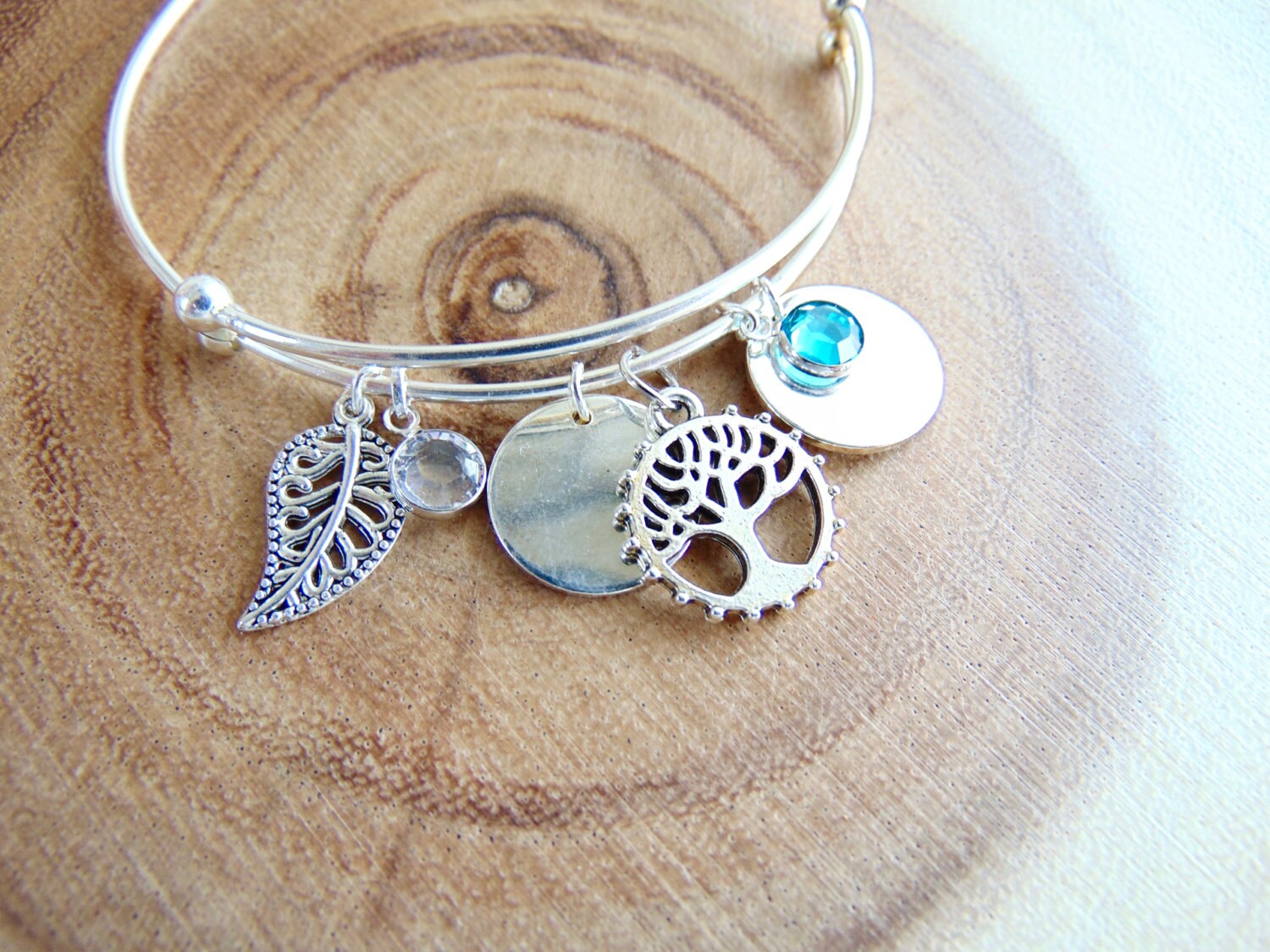 Personalized Silver bangle, Tree of life bracelet, Leaf charm, birthstone jewelry, Customized mother Gift, Family tree, Mom and child gift